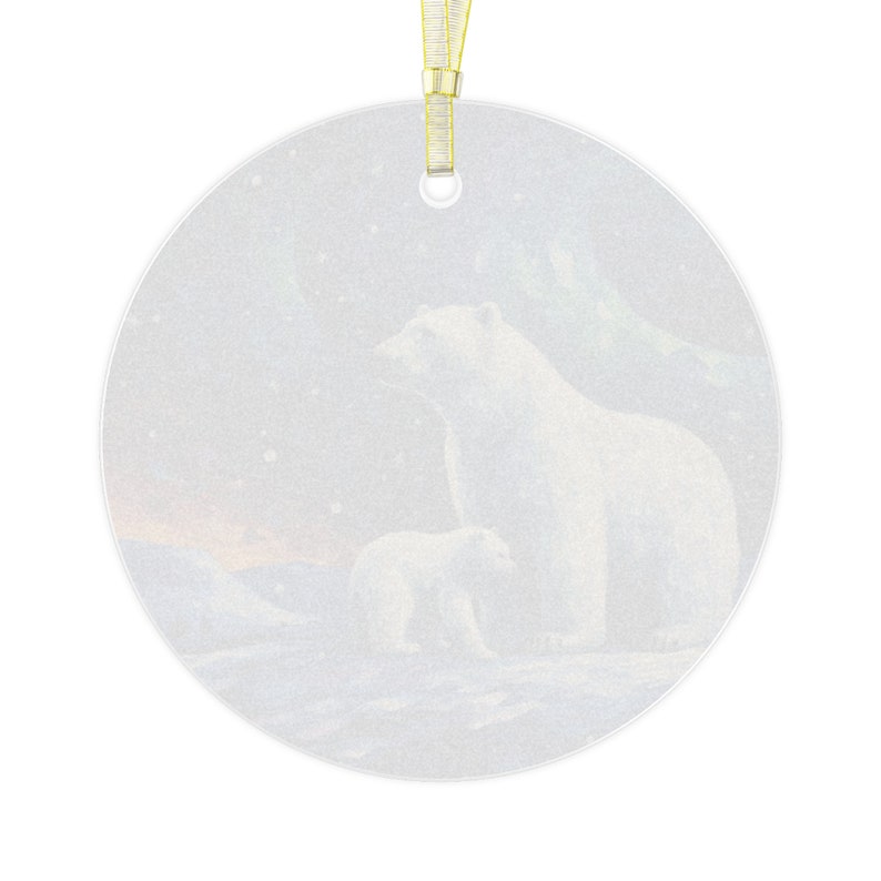 Polar Bear and Cub Starry Night with Aurora Borealis Printed Beveled Round Glass Christmas Ornament image 3