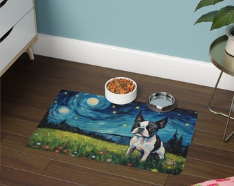 Pet Mat - Boston Terrier Starry Night pet Feeding Mat Non-Slip Rubber 12x18 inches Printed in the USA Placemat