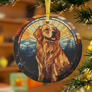 Golden Retriever Stained Glass Printed Beveled Round Glass Christmas Ornament