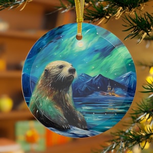 Sea Otter Aurora Borealis Oil painting Palette knife impasto Style Printed Beveled Round Glass Christmas Ornament