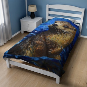 River Otter Oil painting Palette knife impasto Velveteen Plush Blanket