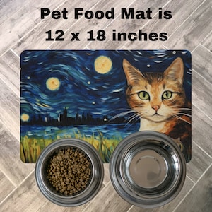 Pet Mat - Calico cat Starry Night Cat Feeding Mat Non-Slip Rubber 12x18 inches Printed in the USA Placemat