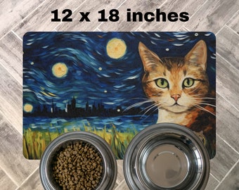 Pet Mat - Calico cat Starry Night Cat Feeding Mat Non-Slip Rubber 12x18 inches Printed in the USA Placemat