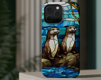 River Otters in Stained Glass MagSafe Tough Cases, compatibility with Apple MagSafe accessories, Apple phone cases