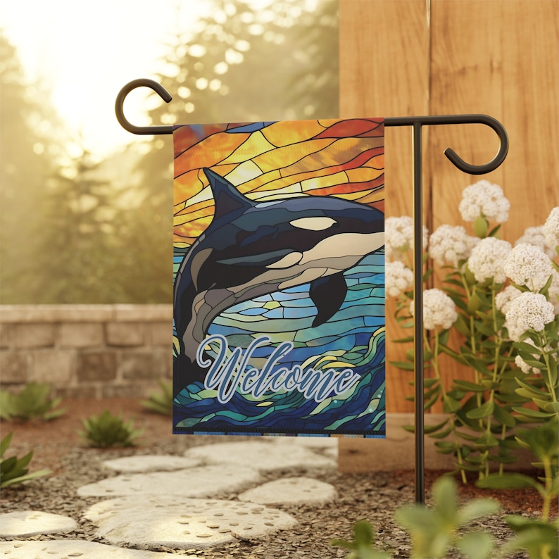 Stained Glass Orca Whale Garden Banner, Orca Whale Flag, Orca Whale