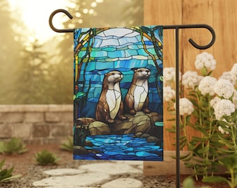 River Otters in Stained Glass Garden & House Banner, Pole not included, Garden Banner image for garden