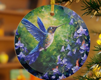 Blue Hummingbird Oil painting Palette knife impasto Style Printed Beveled Round Glass Christmas Ornament