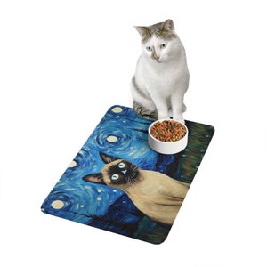 Pet Mat - Siamese Cat Starry Night Cat Feeding Mat Non-Slip Rubber 12x18 inches Printed in the USA Placemat image 3