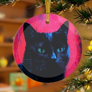 Adorno navideño de cristal redondo biselado con estampado de retrato de gato negro