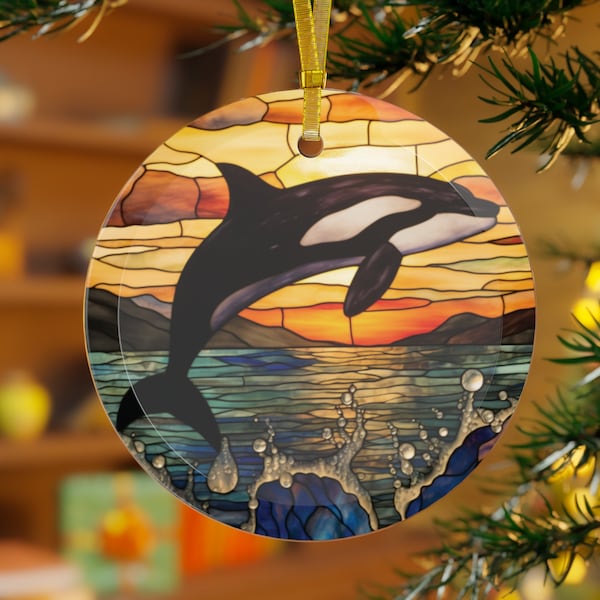 Ornement de Noël en verre rond biseauté imprimé en verre teinté de style Tiffany Orca Whale