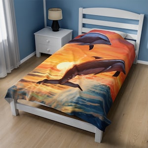 Dolphins at Sunrise Velveteen Plush Blanket