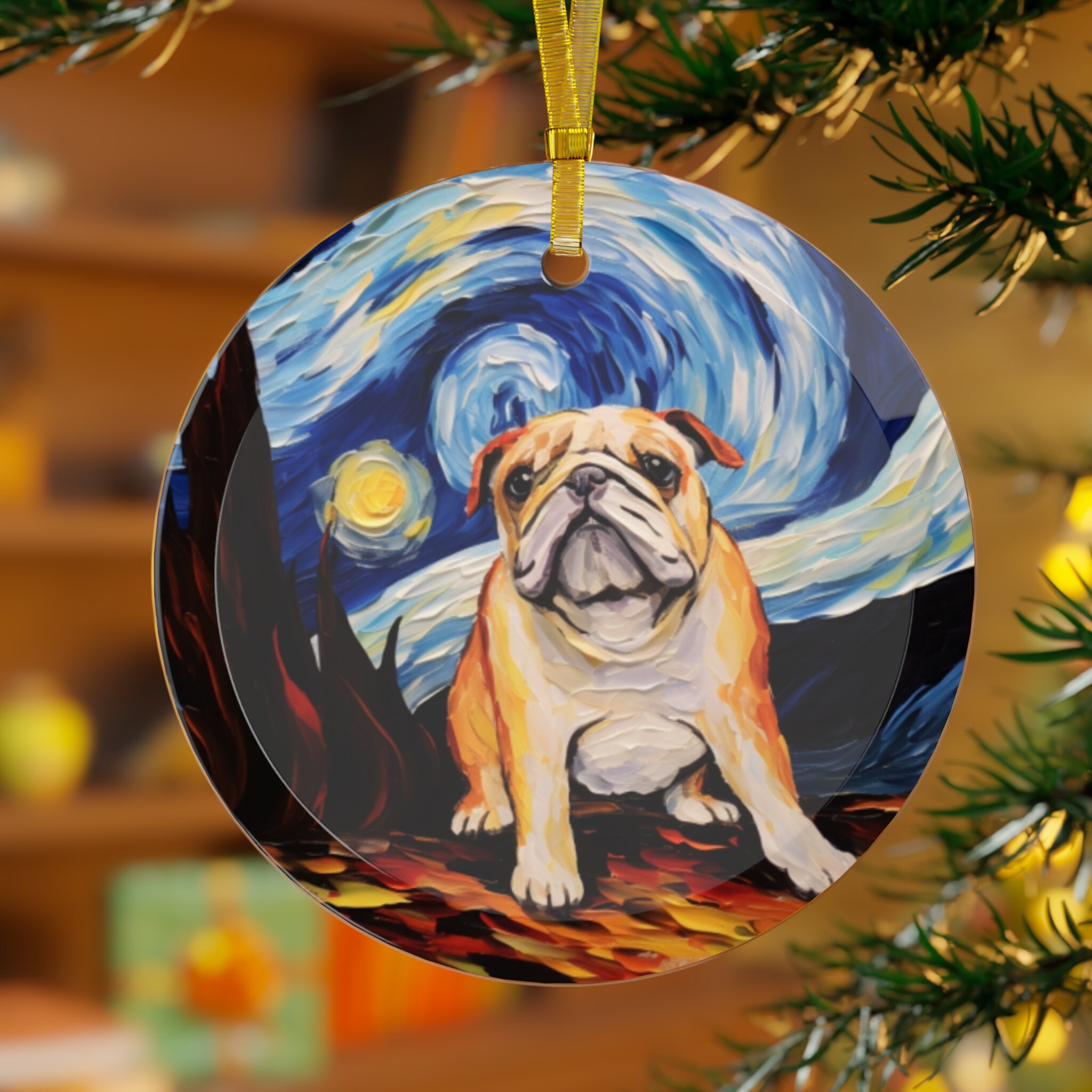 ブルドッグ 星空プリント 面取り 丸型 ガラス クリスマスオーナメント