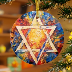 Star of David Oil painting Palette knife impasto Style Printed Beveled Round Glass Hanukah Ornament