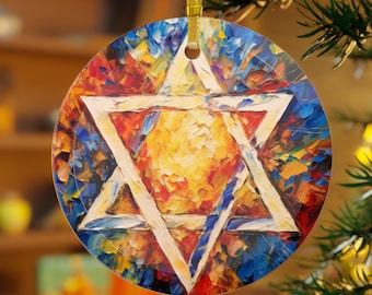 Star of David Oil painting Palette knife impasto Style Printed Beveled Round Glass Hanukah Ornament