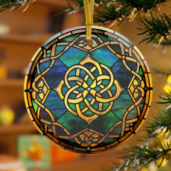 Celtic Knot Tiffany Style Stained Glass Printed Beveled Round Glass Christmas Ornament