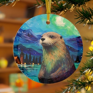 River Otter Aurora Borealis Oil painting Palette knife impasto Style Printed Beveled Round Glass Christmas Ornament