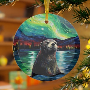 River Otter Aurora Borealis Oil painting Palette knife impasto Style Printed Beveled Round Glass Christmas Ornament
