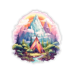 Sticker of a vibrant mountain scene, available in various sizes