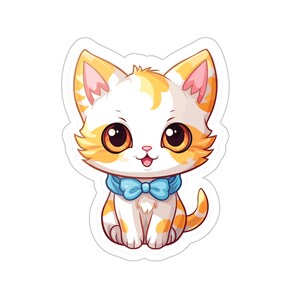 Cute sticker of a ginger cat wearing a blue collar in the shape of a bow; available in various sizes