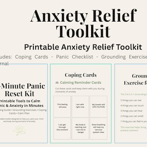 May include: Printable Anxiety Relief Toolkit with coping cards, a panic checklist, grounding exercises, and an anxiety journal. The toolkit includes a 3-Minute Panic Reset Kit with tools to calm panic and anxiety in minutes.