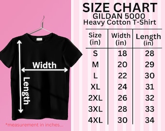 Gildan 5000 Size Chart, Gildan 5000 T-shirt Size Chart, Gildan Unisex Heavy Cotton Tee Size Chart, Gi5000 Size Charts, G5000 Tshirts