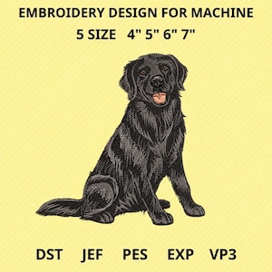 May include: An embroidery design for a machine featuring a black dog sitting with its tongue out. The text reads EMBROIDERY DESIGN FOR MACHINE, 5 SIZE 4" 5" 6" 7", and DST JEF PES EXP VP3. The design is set against a light yellow background.