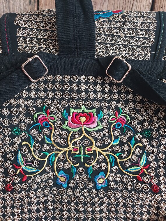 Black Embroidered Backpack with Intricate Patterns Herbal Velvet Embroidered Backpack | Shop Gothic Bags for Women main image 3