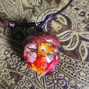 Resin Acorn Pendant with Warm Flowers Necklace