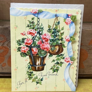 Carte de vœux d’amitié vintage Made in USA Panier de fleurs suspendu MCM