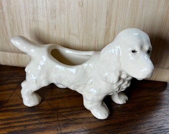 Ivory Coloured Ceramic Dog Planter Cocker Spaniel Pointer Daschund Vintage Glazed Animal Figurine