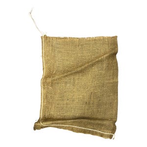 May include: A rectangular burlap sack with a natural tan color. The sack has a rough, woven texture and is outlined with white thread. A loose thread extends from the top of the sack.