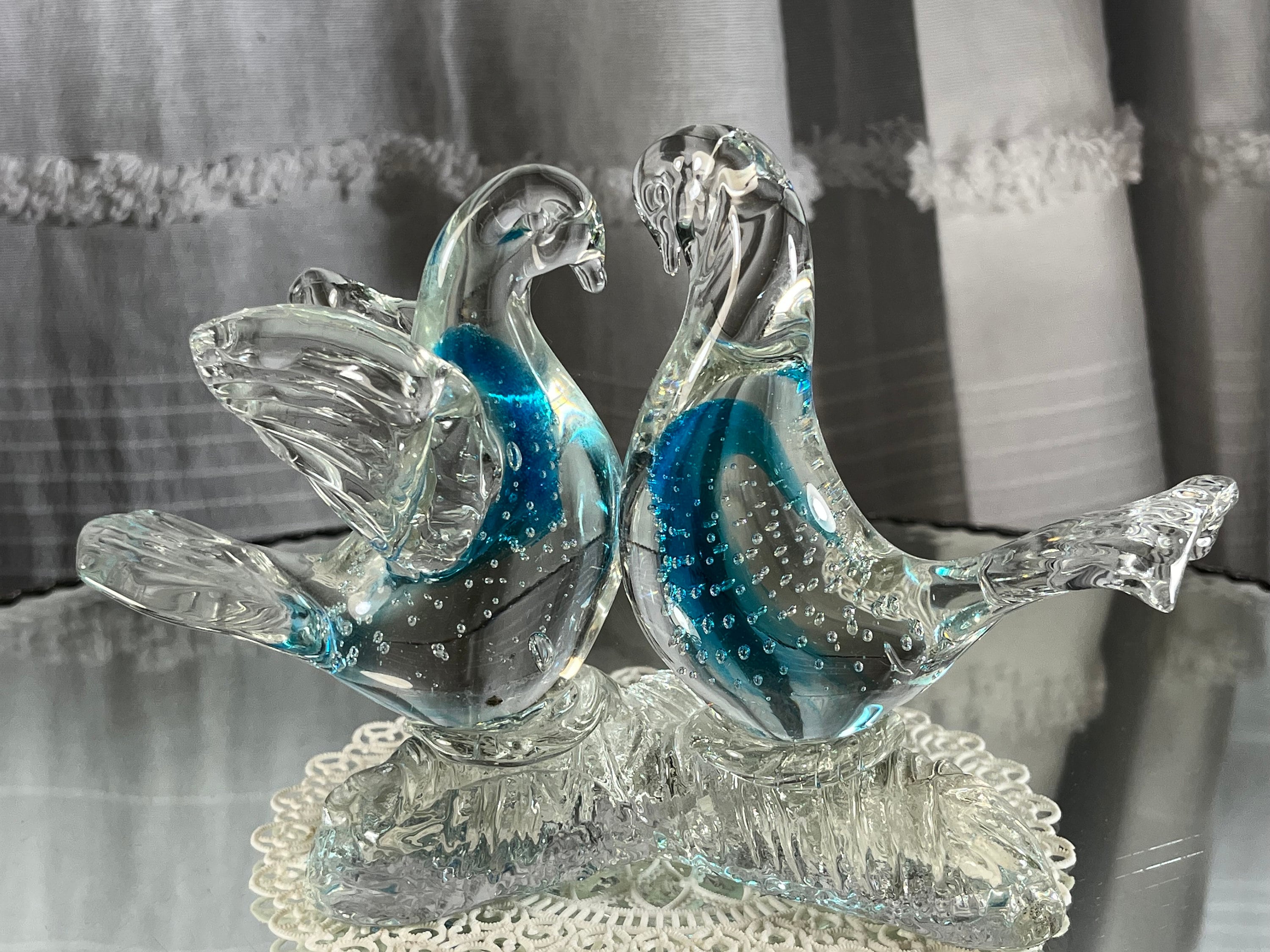 Art Glass Love Birds Bullicante Bubbles Vintage Glass Art Blue