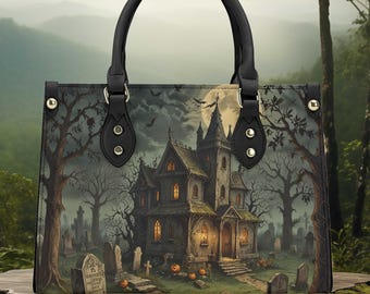 Halloween haunted house graveyard witchy forest whimsical pumpkin shoulder bag tote purse Vegan leather cute fun, No strap top latch closure
