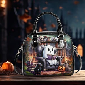 Shoulder Handbag satchel Halloween ghost reading a book messenger bag purse black crossbody satchel tote fun cute design vegan leather