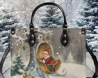 Luxe vrouwen vegan lederen handtas tote mooie kerstvakantie kerstman slee elf winter grillig seizoen design portemonnee 2 maten