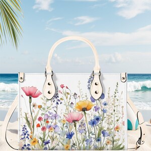 Vegan leather shoulder bag everyday handbag tote purse top handles watercolor botanical floral spring summer flowers 2 sizes removal strap
