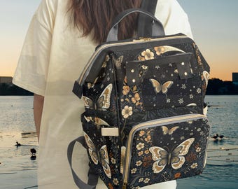 Zaino multifunzione con motivo a farfalla, fiore, borsa per tablet e computer, borsa per libri scolastici, borsa per pannolini