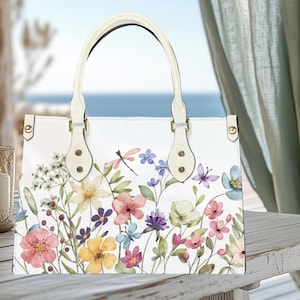 Handbag vegan leather tote purse spring flowers dragonfly botanical wildflowers Cottagecore farmhouse no top zipper latch closure