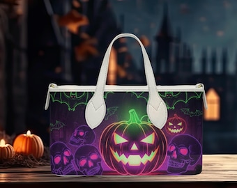 Halloween glowing skull pumpkin Handheld Tote Bag  Snap top closure removal strap included 