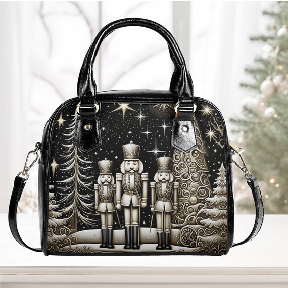 Vegan Leather Shoulder Handbag Nutcrackers Christmas Tree Holiday