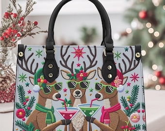 Christmas Reindeer with sunglasses and drinks whimsical holiday winter shoulder purse tote Vegan leather for your holiday party,  'No strap'
