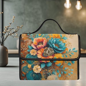 Bolsa de ombro tipo carteiro, bolsa transversal com estampa floral e flores silvestres, alça removível, bolsa com trava (alça de ombro preta, debrum preto)
