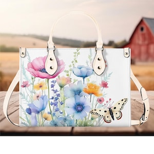 Luxus Frauen PU Leder Handtasche Tasche Geldbeutel schönen Frühling Blumen botanischer Garten der Wildblumen Cottagecore Bauernhaus Look Design