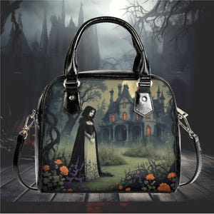 Whimsical Halloween Purse Satchel fun cute satchel messenger purse tote black Halloween handbag with top handles witchy design
