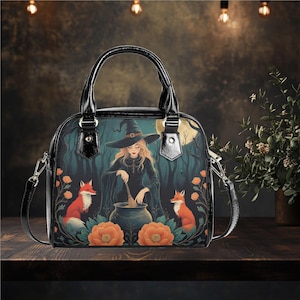 Bolso de hombro tipo cartera, bolso bandolera o bolso de diario con diseño de brujas y zorros de Halloween, bolso bandolera negro, bolso de mano, diseño divertido y lindo, de cuero vegano