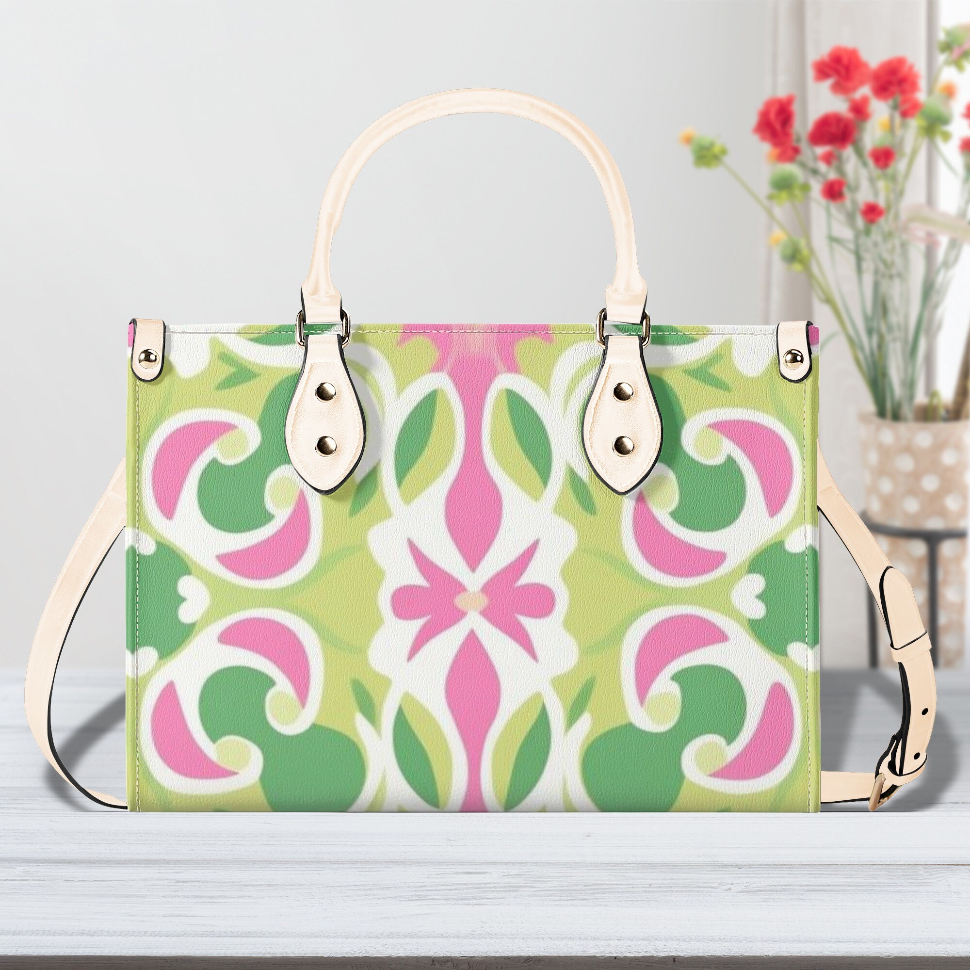Leather Handbag beautiful design abstract art spring colors