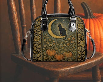Bolso bandolera caprichoso de Halloween, divertido y lindo bolso bandolera retro con forma de gato negro y calabaza, bolso bandolera negro divertido y lindo para Halloween, estilo brujería.