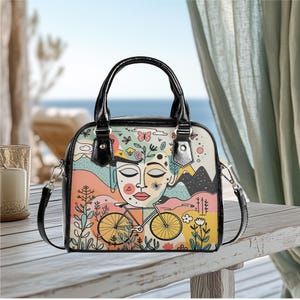 Bolso de hombro de piel sintética vegana, tipo cartera, estilo mensajero, para uso diario, con estampado floral y flores silvestres, para bicicleta, color negro, bandolera, divertido y bonito bolso.