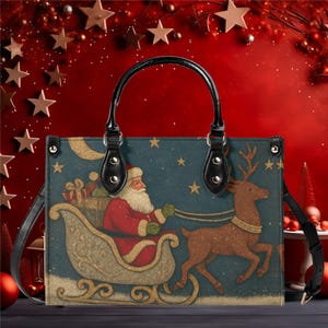 Sac à main de luxe en cuir végétalien pour femmes, beau sac de vacances de Noël, père Noël, traîneau, renne, hiver, design de saison fantaisiste, taille 2