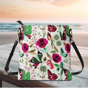 Women's PU Bucket Bag Shoulder Bag purse tote Beautiful cute spring summer Floral flower botanical cottagecore  roses butterfly design